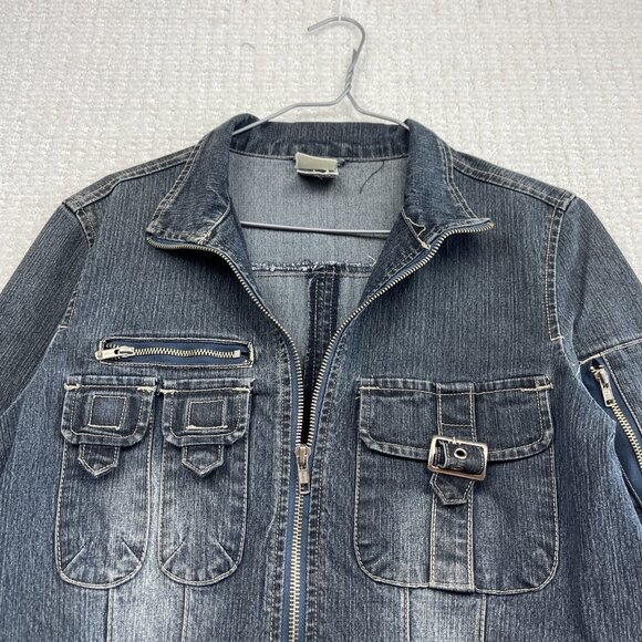 Y2K 725 Originals Dark Blue Denim Moto Cafe Racer Jacket Military Wom Sz S 2000s - Picture 2 of 13
